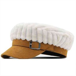 Brand Women Hats Wool Newspaper Boy Caps Necklace Flat Top Visor Cap Vintage Plaid Military Cap Female Autumn Winter Hat J220722