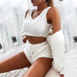 Women's Tracksuits Sale Women Coral Velvet Pyjamas Set Sexy Fleece Fluffy 3 Piece Cardigan Crop Tops Shorts Suit Casual Sleepwear Tracksuit