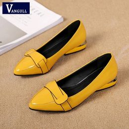 VANGULL Women Patent Leather Shoes OL Loafers Candy Colours Pointed Casual Low-heeled Female Sweet Buckle Boat Yellow Red Shoes Y200111