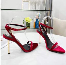 Italy Design metal padlock Narrow word band high-heeled sandals 10.5cm women's silver leather Luxury