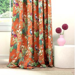 Curtain & Drapes American Countryside Orange Cotton Linen Living Room Window Curtains Pastoral Birds Printed Bedroom Semi ShadingCurtain