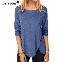 Round Neck Long Sleeve Women T-Shirt Solid Colour Loose Casual Tops Button Oversized Cotton Tees Aesthetic Irregular Pullover 220511