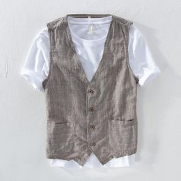 Men's Vests Mans Vintage Linen Suit Vest Slim Material 55%linen 45%cotton Male Casual Striped Thin Waistcoat Asian Size M-3XLMen's Phin22