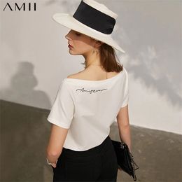 Amii Minimalism Summer Tshirt For Women Causal Embroidery Letter Printed Slash Neck Slim Fit Women s Tops 12130120 220628