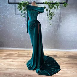 green velvet gown prom UK - Party Dresses Green Velvet Prom Dress For Women Off Shoulder Mermaid Gown Long Sleeve Pleat High Slit Sexy 2022Party