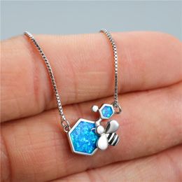 Pendant Necklaces Cute Female White Blue Opal Necklace Charm Silver Colour Chain For Women Trendy Bee Geometric Wedding NecklacePendant