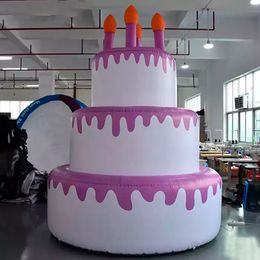 Customized White Giant Happy Inflatable Birthday Cake Model With LED Lights For Party Decoration
