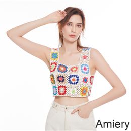 Womens Tops Vest National Style New Pure Hand Crochet Vest Hollowed Out Small Sling Wearing Flowers Ladies Fashion