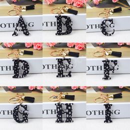 Fashion Black Tassel 26 Letter Keychain English Alphabet Key ring Polka Dots Resin Car Mirror Accessory Women Handbag Charms