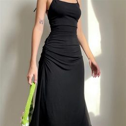 Darlingaga Fashion Strappy Ruched Sexy Black Dress Irregular Elegant Backless Long Party Summer es Women Clothes 220615