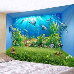 Ocean Carpet Wall Hanging 3d Dolphin Sea Turtle Coral Boho Decor Bedroom Wall Carpet Underwater World Children's Room Decoration J220804