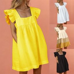 Women Sweet Dress Summer Elegant Square Collar Puffles Sleeve Solid Mini Dress Ladies Casual Loose Pocket Beach Dress 220530