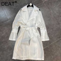 DEAT Women Black Belt Midi-long Personality Coat Arrivals Lace Up Long Sleeve Fashion Temperament Spring Summer 11D1084 210709