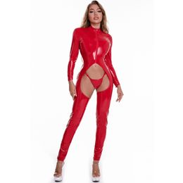 Porn Club Kunstleder-Catsuit, glänzendes PVC, offener Schritt, Jumpsuits, Damen, sexy, aushöhlen, erotische Bodys, Latex-Strampler ohne Schritt