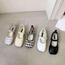 Slipper Women Flat Square Pattern Plaid Mary Jane Shoe Round Nose Elegant Ballet Soft Sole 220622