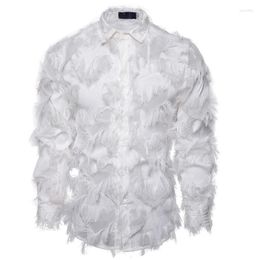 Men's Dress Shirts White Black Feather Lace Shirt Men 2022 Fashion See Through Clubwear Mens Event Party Prom Transparent ChemiseMen's Vere2