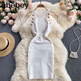 New Button Details Sleeveless Knitted Bodycon Dress Women Summer Elegant Stretchy Dress Vintage Solid Dress Y220413