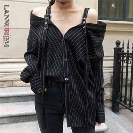 LANMREM Fashion Personality Black Strap Vertical Stripe Off-shoulder Long Sleeve Shirt Female's Blouse Vestido YE22801 210326