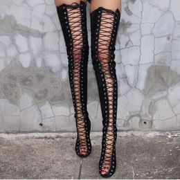 Designer-2017 estilo Roma Peep Toe Lace Up Hollow Out Heaves Sobre o joelho coxa longa botas tamanho 35 a 40