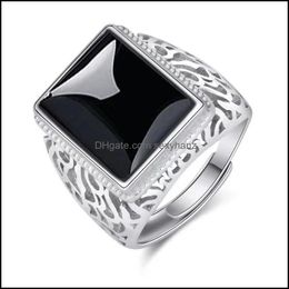 Solitaire Ring Tree Of Life Rings Hollow Square Black Zircon Agate For Men Opening Retro Classic Obsidian Chalcedony Sexyhanz Dhmlw