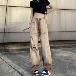 New Kaki Ripped Jeans For Women Street Trend Loose Straight Pants 90S Harajuku Style High Waist Women Pants L220726
