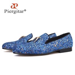 Piergitar blue and sky colors handmade Classic men s loafers with gold metal tassels Party men leather shoes 220808