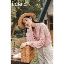 INAMN Autumn New Arrival Stand-up Collar Cotton Embroidered Long Sleeve Design Sense Lantern Sleeve Blouse 201202