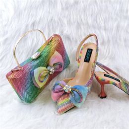 Dress Shoes Rainbow And Clutch Bag Set For Woman 2022 Fashion Ladies Pumps Handbag High Heels Stones Sandals Purse QSL057 8CMDress