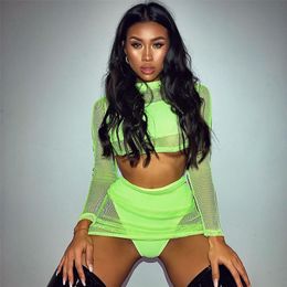 BKLD Fashion Neon Green Women Sets Long Sleeve Seethrough Crop Tops With Mini Skirt Bodycon 2 Two Pieces Sexy Club Outfits 220527