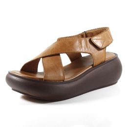 Sandals Summer Genuine Leather For Women Buckle Design Retro Platform Comfortable Ladies Beach Shoes 35-40Sandals