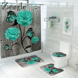 Butterfly Floral Printed Bath Mat and Shower Curtain Set Flannel Toilet Floor Rugs Bathroom Non-Slip Carpet 220504