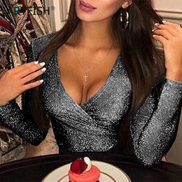 Glanz Glitter Frauen Körper Sexy Bodys Tiefem V-ausschnitt Offiice Lady Club Strampler Bodycon Fitness Overall Party Strampler 210306