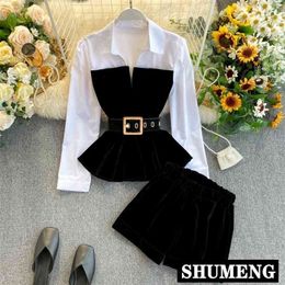 Spring Autumn Long Sleeve Velvet Tops with Belt Elastic Shorts Two Piece Set Lady Elegant Black Shorts Set 210331