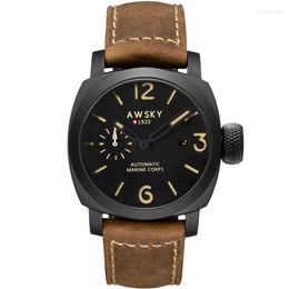 Fashion Military Watches Automatic Mechanical Compass Watch Brown Belt 300m Waterproof Stainless Steel Men Male Black Wristwatch Wristwatche