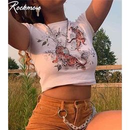 Rockmore Fire Flame&Letter Print TShirt Women Short Sleeve Casual Top Tshirt Femme Bodycon Oneck Crop Tops Basic Tee Shirts 210322