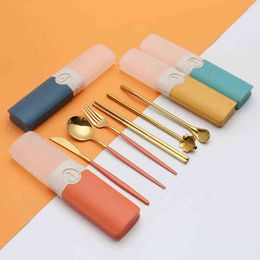 Stainless Steel Cutlery Set with Case Outdoor Portable Gold Spoon Fork Chopsticks Straw Spoon Silverware Set Kitchen Accessories Y220530