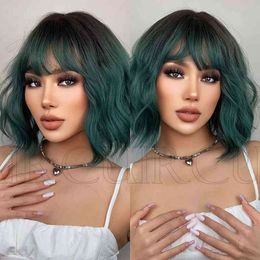 Synthetic Wigs Style Women Qi Bangs Black Gradient Green Medium Long Curly Wig High Temperature Silk Material Daily Application 220527