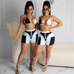 Women's Tracksuits Color Blocking Sexy Matching Set Women 2022 Bandage Club Crop Top And Zipper Shorts Two Piece Sets Skinny OutfitsWomen's