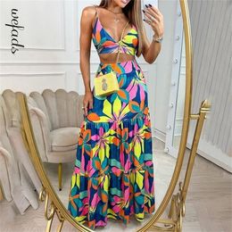 Wefads Two Piece Sets Sleeveless Printed Skirt Two-Piece Sexy Tops Elegant Long Dress Beach Suit 220725