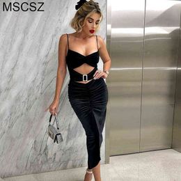 Spaghetti Strap Cut Out Bodycon Midi Dress Black Velvet Elegant Cocktail Party Dress Summer Sexy Night Club Wear T220816