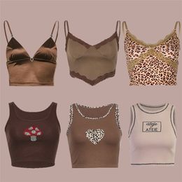 Women Crop Tops Y2K Aesthetic Sexy Cute Summer Halter Brown Camis Fashion Casual Female Sleeveless 90s Corset Top 220607