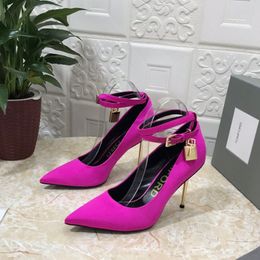 TF padlock charms 105mm Ankle strap pumps shoes Fuchsia satin silk high-heeled stiletto pointed toes heels dress shoe for Women Luxury Designers factory footwear