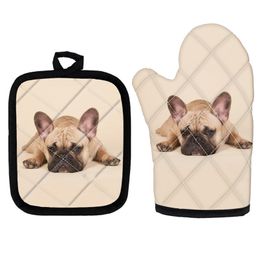 French Bulldog Print Mitts Home Baking and Pot Pad Set Custom Solid Color Animal Microwave Oven Gloves for Kitchen 220707