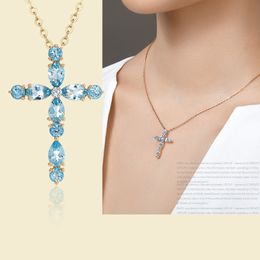 Fashion 18k Cross Pendant Necklace For Women Gold Colour Cubic Zirconia Blue Crystal Stone Necklaces & Pendants Wedding Jewellery