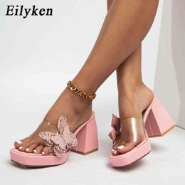 Nxy Sandals New Ladies Pvc Transparent Open Toe Slippers for Women Elegant Bow-knot Thick Square High Heels Summer Party Slide Shoes