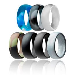 silicone wedding ring sets NZ - Wedding Rings 8mm Wide Silicone Ring 7pc set Band Camouflage Silver Rubber For Men Women Finger Jewelry Gift Anillo De Silicona2768