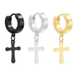 Stainless Steel Black Hoop Earrings with Cross Dangle for Men Gold Silver Single Dangling Man Earring Cool Jewelry