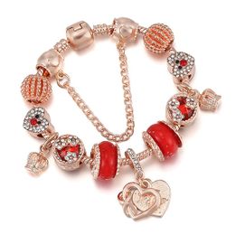 New Rose Gold Charm Bracelets Charms Heart Crown Pendant Five Petals Flower Dangle For Women Original DIY Jewellery Fit European Charm Bracelet Women Gift