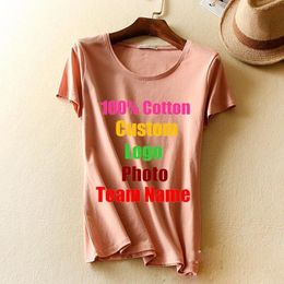 Slim High Quality Short Sleeve Women Cotton Solid T shirt Custom Made P o Text Printed Girl T shirt Lady Basic Tops 220621