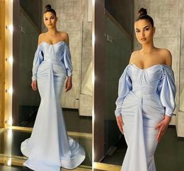 Baby Blue Dubai Arabo Aso Ebi Sirena Abiti da ballo Semplice Sexy con spalle scoperte Manica lunga Abito da sera formale Abbigliamento su misura BES121